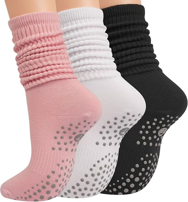 Grip Pilates Socks for Women, Yoga Slouch Socks with Grip for Barre Workout Hospital Long Scrunch... | Amazon (US)