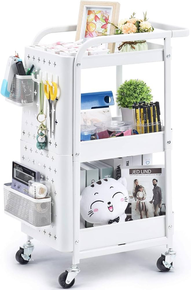 KINGRACK 3-Tier Rolling Cart, Metal Utility Cart with Pegboard, Utility Rolling Storage Carts wit... | Amazon (US)