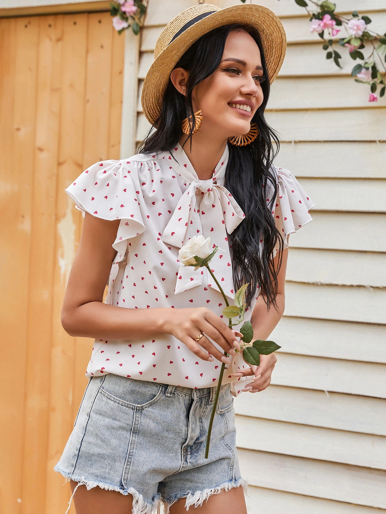 Tie Neck Heart Print Chiffon Blouse | SHEIN