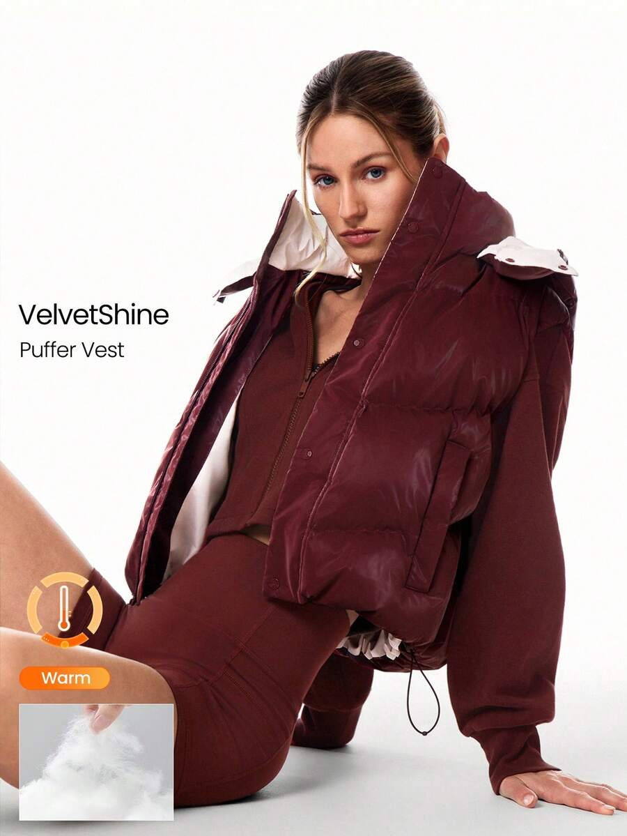 GLOWMODE Chic In Warmth Cozy Up Glossy Zipper Snap Button Closure Elastic Cuffs Waist Length Deta... | SHEIN