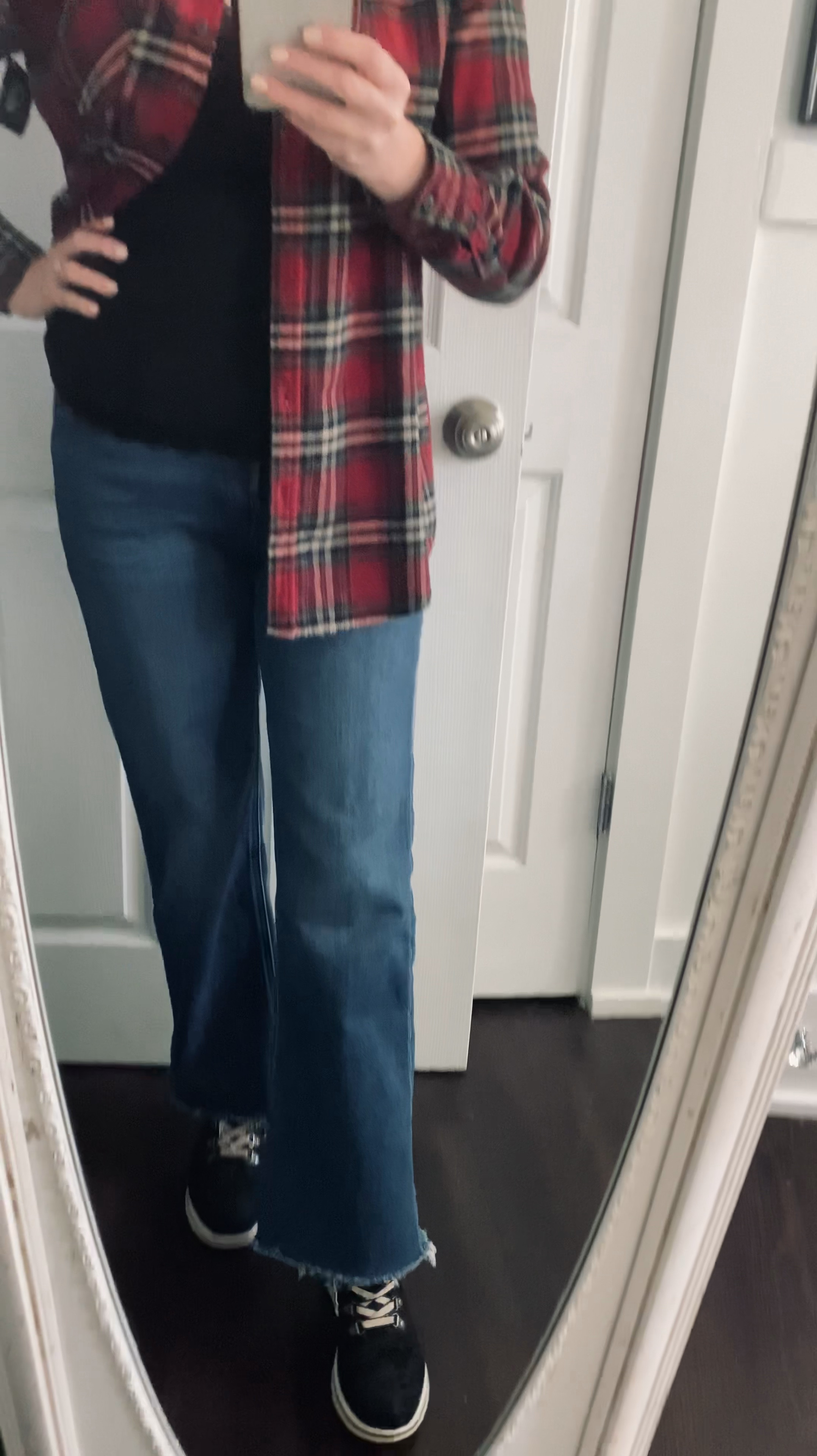 Winter outfit - the country life aesthetic, featuring a warm, flannel plaid shacket, layered over a black tank top and boot cut jeans. Pull on a pair of cable knit boot socks & waterproof boots, and you’re ready for a productive day indoors or out. ♥️

#LTKFindsUnder100 #LTKOver40 #LTKSeasonal