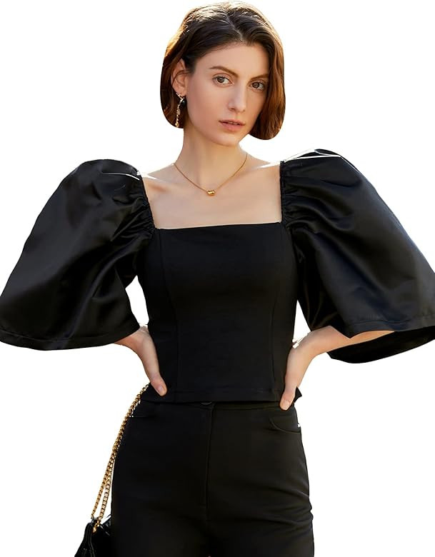 Floerns Women's Square Neck Puff Short Sleeve Elegant Blouse Crop Top | Amazon (US)