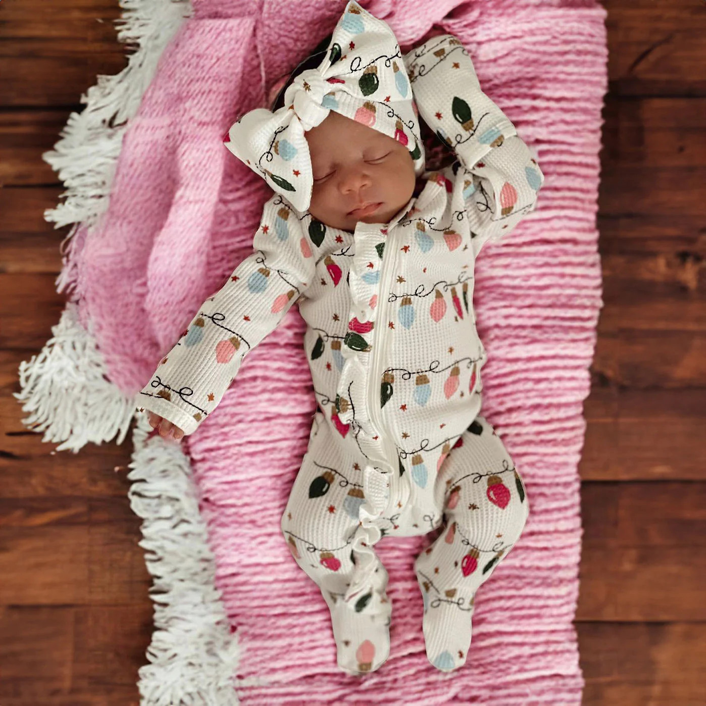 Organic Waffle Ruffle Zip Footie, Pink Christmas Lights | SpearmintLOVE
