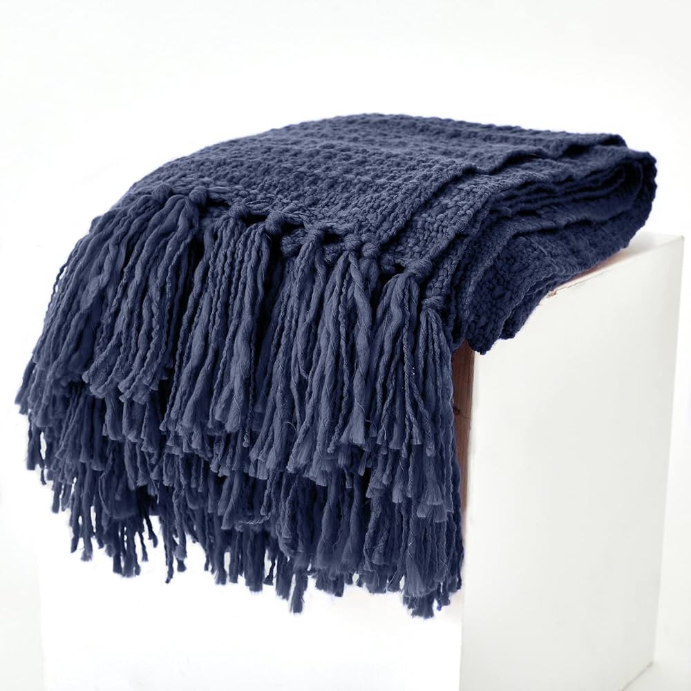PANDATEX Thick Chunky Navy Blue Knitted Throw Blanket for Couch Chair Sofa Bed, Chic Boho Style T... | Amazon (US)