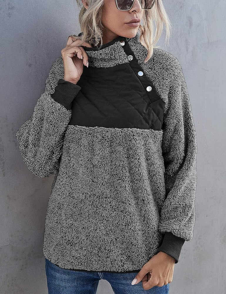 Romanstii Women Fleece Pullover Sweatshirt Oblique Button Neck Long Sleeve Warm Casual Coat Outwear( | Amazon (US)