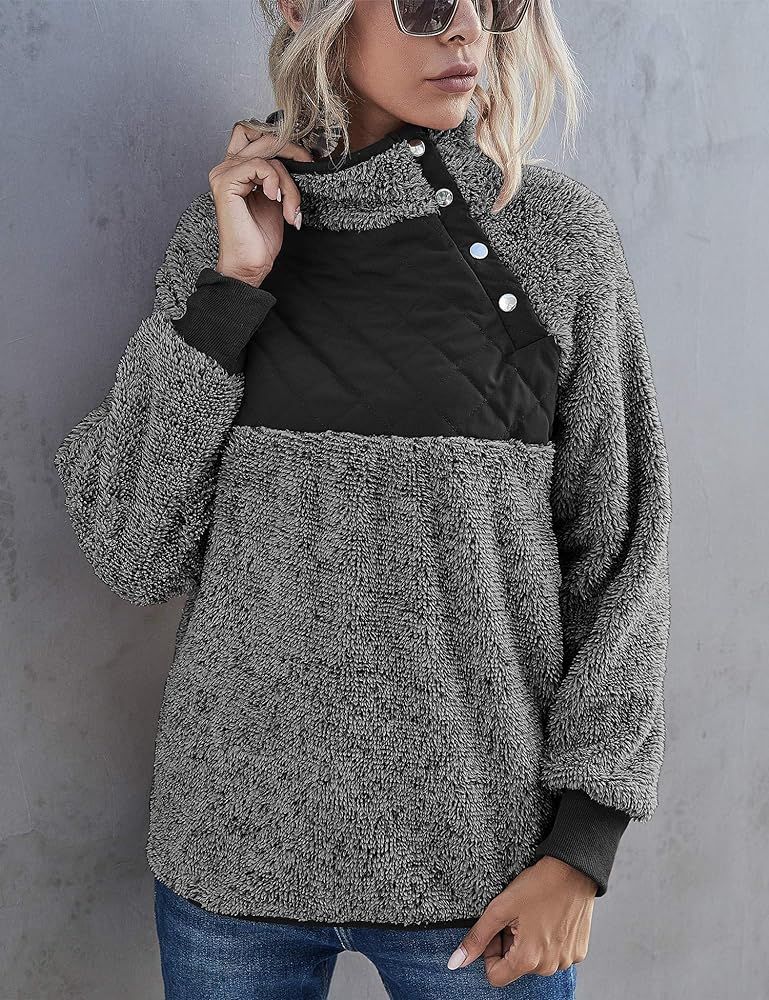 Romanstii Women Fleece Pullover Sweatshirt Oblique Button Neck Long Sleeve Warm Casual Coat Outwear( | Amazon (US)