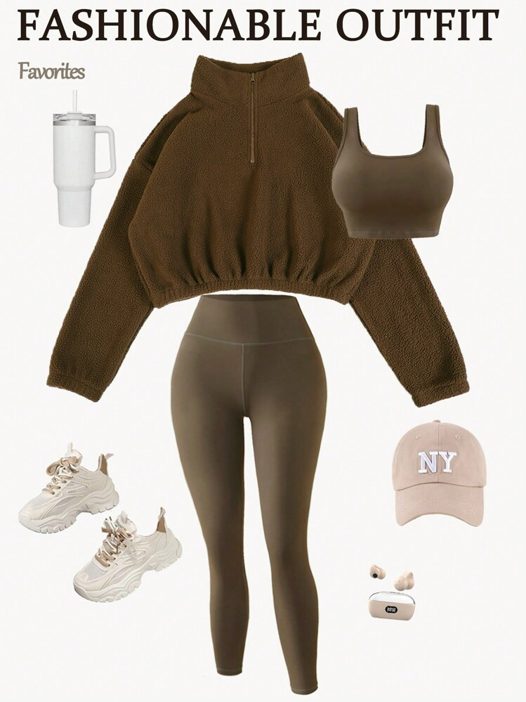 Easify SHEIN Sport Women's Casual Sports Set, Thermal Lined , Windproof, Tight-Fit Vest & Set Travel Outfit Set Women , Running, Fitness, Outdoor Sports, 3Pcs Workout Set Travel Outfit , Fitness, Outdoor Sports, 3Pcs Workout Set Travel Outfit Set Women Clotheswomen Workout Set | SHEIN