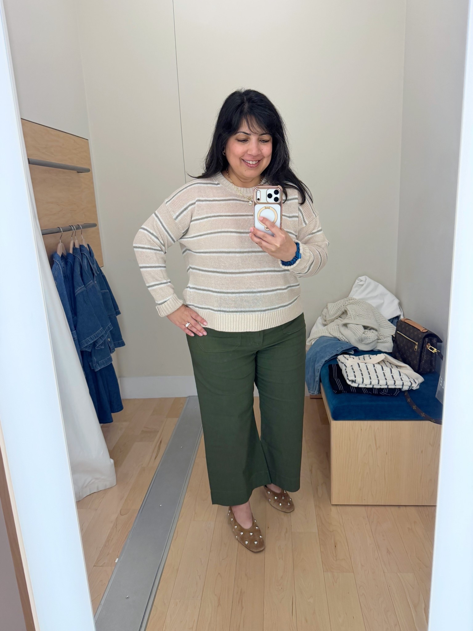 Spring outfits 2026! Loving this lightweight striped linen sweater for spring and summer! Perfect for warm weather and can be worn with pants , jeans or shorts and can also be draped over your shoulders! On sale 25% off right now! 

Madewell striped linen sweater size large. Anthropologie Colette pants size 32 Petite. Madewell ballet flats no longer available on this studded style but linked a look for less from Amazon. Kendra Scott necklace.

#LTKMidsize #LTKSaleAlert #LTKPetite