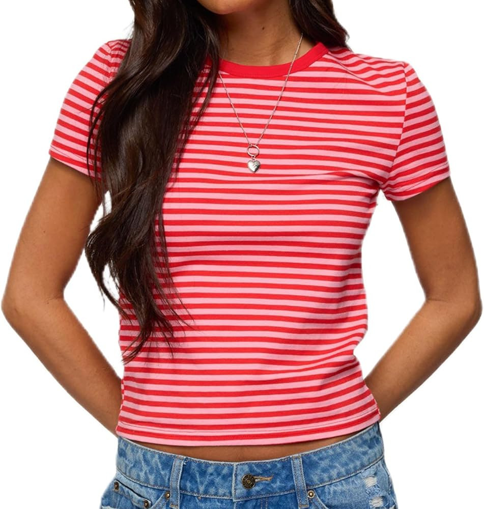 Y2K Striped Babytee for Women Short Sleeve Crew Neck Fitted Crop Tops Teen Girls Preppy Tees Summ... | Amazon (US)