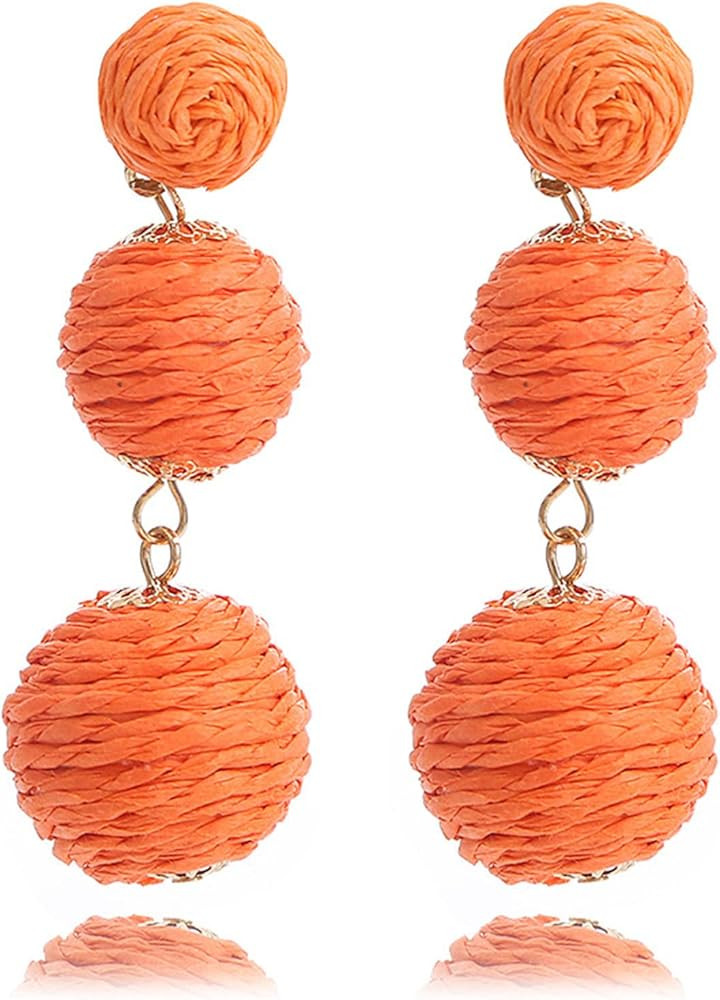 Bohemian Woven Rattan Straw Wicker Raffia Ball Drop Dangle Earring for Women Girl Teen Handmade L... | Amazon (US)