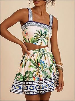 Floerns Women's Two Piece Outfit Tropical Crop Cami Top and Summer Skirts Set | Amazon (US)