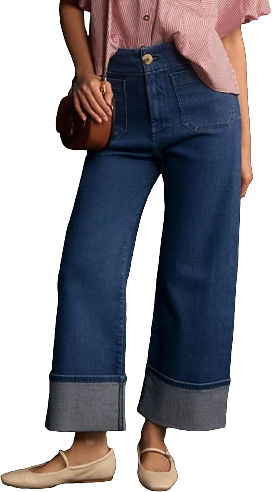 Women's High Waist Baggy Cuffed Jeans Straight Wide Leg Cropped Denim Pants Casual Vintage Elasti... | Amazon (US)