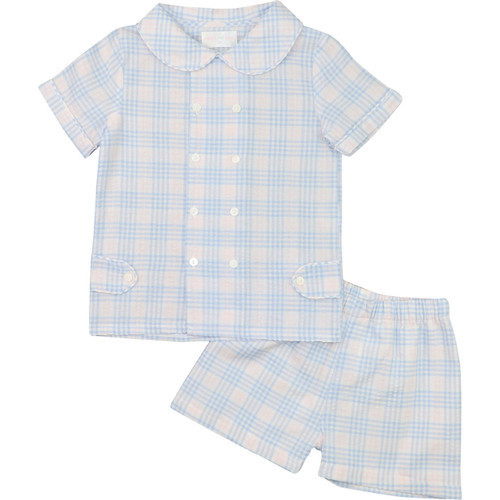 Pink And Blue Plaid Seersucker Double Breasted Short Set | Cecil and Lou