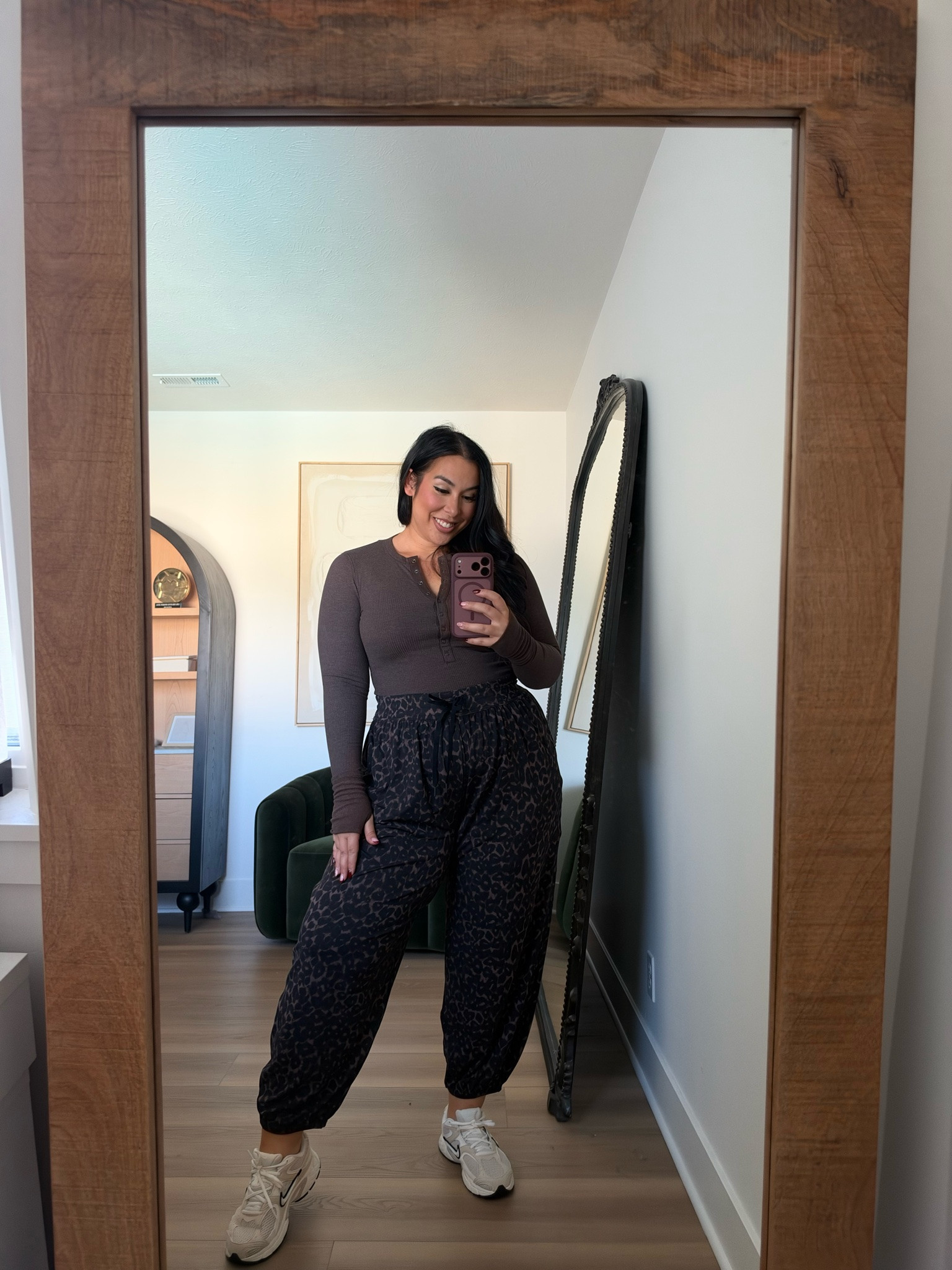 These leopard joggers are everything! They are so soft and stretchy making them soft belly approved! I also am loving this sassy brown henley. Wearing an XL on the bottom and a L on top. Also, American Eagle is having 40% off all jeans from now until Monday! Midsize, midsize fashion, fall fashion, american eagle, sale 

 #LTKootd #LTKSaleAlert #LTKMidsize