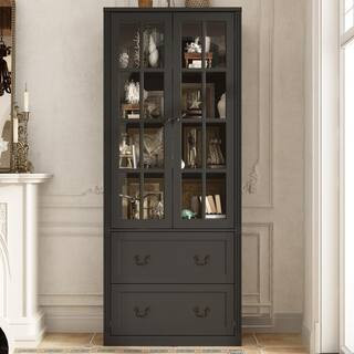 Black Wooden 31.5 in. W Buffet Pantry Cabinet Kitchen Cabinet with Adjustable Shelves and Tempere... | The Home Depot