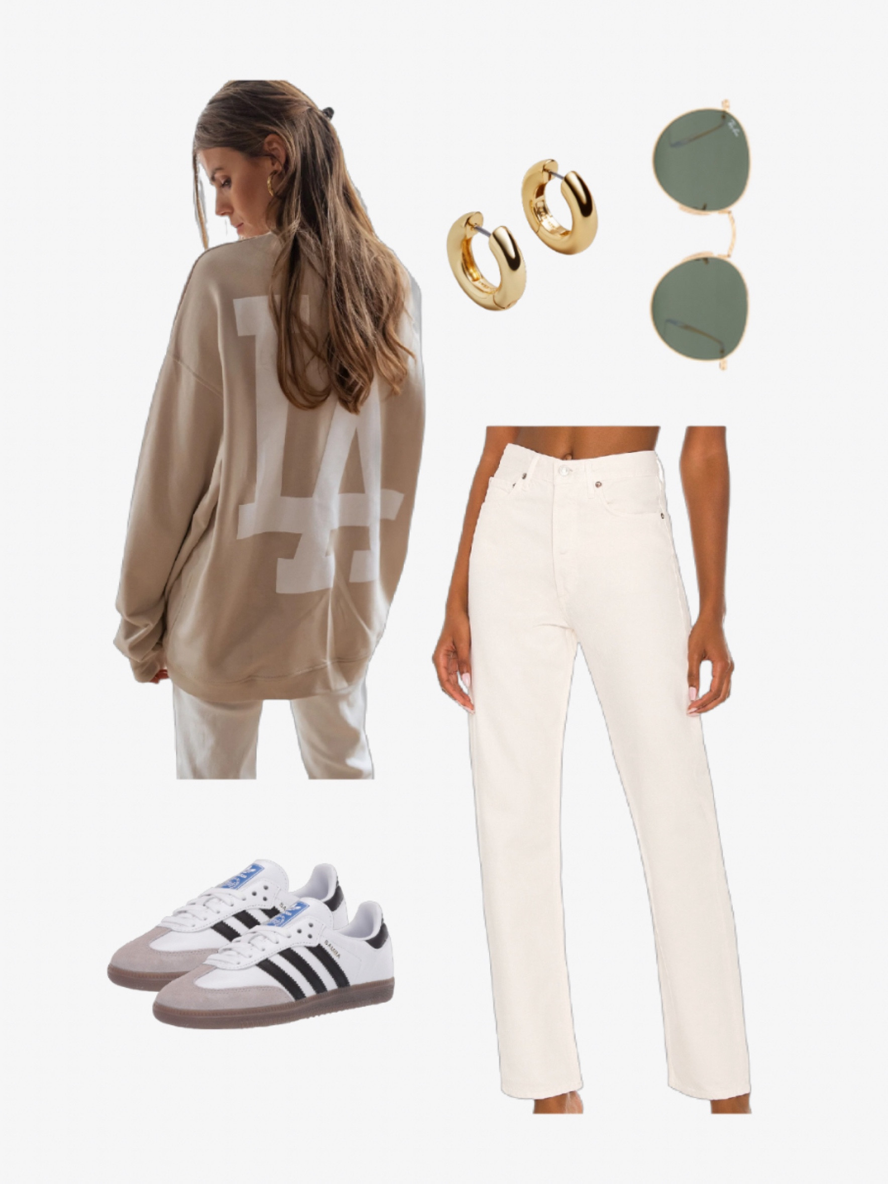 Neutral Spring Transition outfit!
A comfy neutral oversized sweater paired with the perfect cream white jeans goes perfectly with the best selling staple Adidas Sambas! Add some chunky mini hoops and some classic sunnies and your outfit is complete!

#LTKstyletip #LTKfindsunder100 #LTKSeasonal