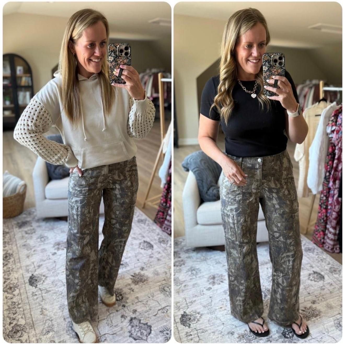 Restocked!! 😍 These camo pants aren't going to be for everyone, but they've already sold out twice... and it's October. Grab them now if you want for fall. Wearing a medium, size down if between (stretchy waistband).