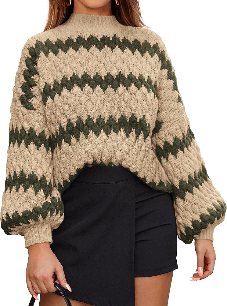 KIRUNDO Women's 2024 Fall Winter Striped Color Block Sweater Oversized Lantern Sleeve Mock Neck C... | Amazon (US)