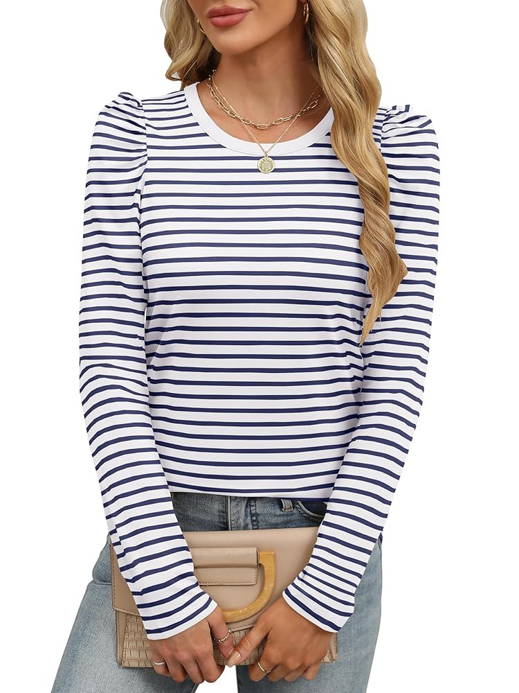 ANRABESS Womens Puff Long Sleeve Shirts Crewneck Fall Tops Basic Dressy Casual Blouses 2025 Trend... | Amazon (US)