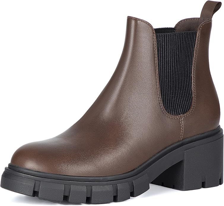 Athlefit Women's Chelsea Boots Fashion Lug Sole Chunky Heel Slip on Elastic Ankle Booties | Amazon (US)