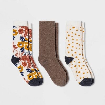 Women's Floral 3pk Crew Socks - A New Day™ Ivory/Heather Brown 4-10 | Target