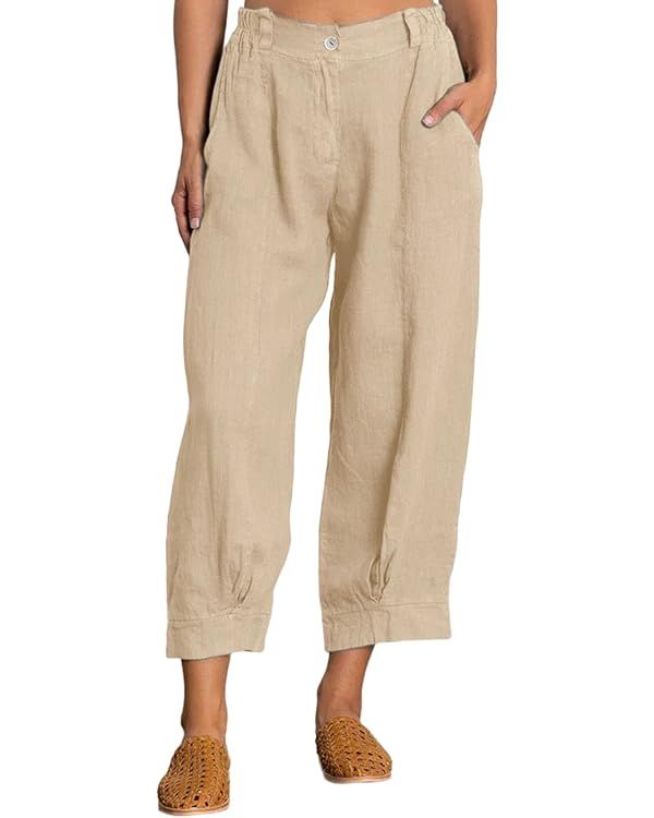 EVALESS Linen Pants for Women Casual Loose Elastic High Waisted Straight Leg Cotton Lounge Pants ... | Amazon (US)