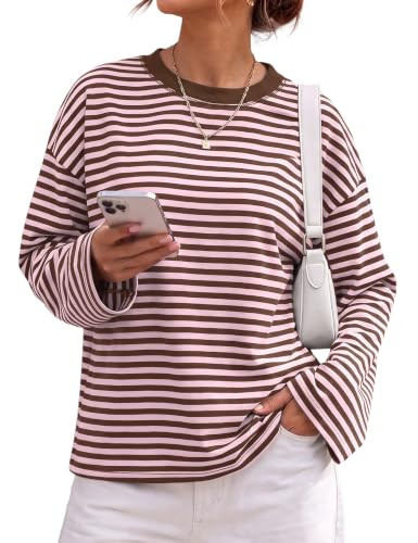 Striped Long Sleeve Shirt Women Oversized Cotton Fall Y2K Tops CoffeePink L | Amazon (US)