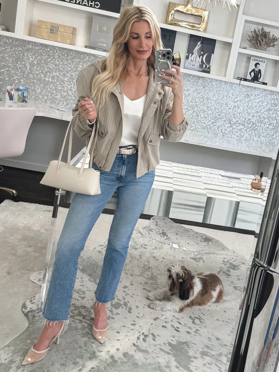 The best casual-chic summer outfit 🤍 This lightweight pinstripe jacket instantly elevates a simple cami and denim, and these MOTHER Hustler ankle jeans give you legs for days ✨ I’m wearing an XS in the jacket and a 24 in the jeans, both fit TTS. 

 

#LTKootd #LTKSeasonal #LTKOver40