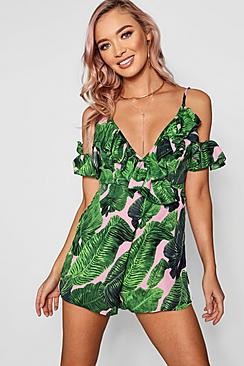 Palm Print Ruffle Cold Shoulder Playsuit | Boohoo.com (US & CA)