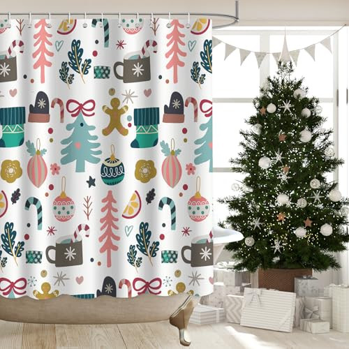 APROPHIC Christmas Shower Curtain for Bathroom Decor Pink Xmas Tree Socks Gingerbread Man Winter New Year Holiday Waterproof Fabric Shower Curtains with Hooks 72x72 in | Amazon (US)