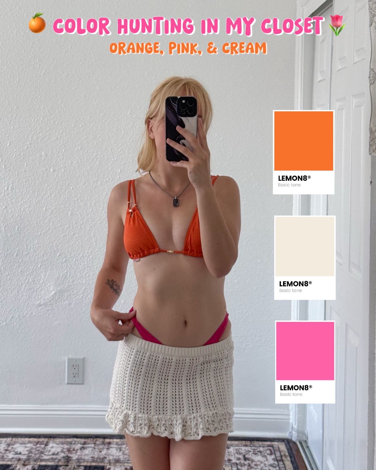 hiii! here’s a cute orange, cream & hot pink outfit i came up with by color hunting in my closet! 💕 i wanted to do something with orange, so i started with the orange bikini. when i saw that it looked cute next to my pink lulus halter top, i decided to try mixing it with the hot pink bottoms.  & then it just flowed so perfectly to use the cream crochet skirt & bag since the top has cream in it!  i think this is such a fun way to find new color combinations & outfits :) #colorhunting #zerogatekeeping #orange #hotpink 

#LTKTravel #LTKootd #LTKSeasonal