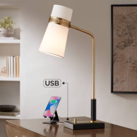 Possini Euro Cartwright Antique Brass and Black Desk Lamp with USB Port | Lamps Plus
