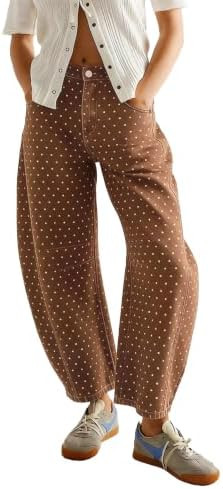 chouyatou Women Baggy Polka Dot Barrel Jeans Y2K Floral Print Wide Leg Jeans Boyfriend Denim Ankl... | Amazon (US)