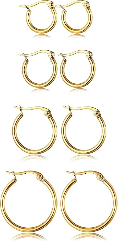 ORAZIO 4 Pairs Stainless Steel Hoop Earrings Set Cute Huggie Earrings for Women,10MM-20MM | Amazon (US)