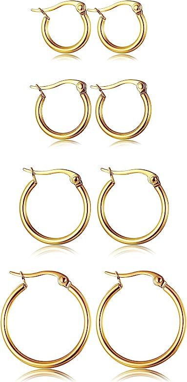 ORAZIO 4 Pairs Stainless Steel Hoop Earrings Set Cute Huggie Earrings for Women,10MM-20MM | Amazon (US)