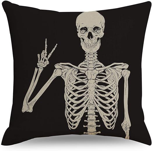 QIQIANY Skull Decoraive Throw Pillow Cover 18x18 Inch Square Linen Goth Decor Black Skeleton Deco... | Amazon (US)