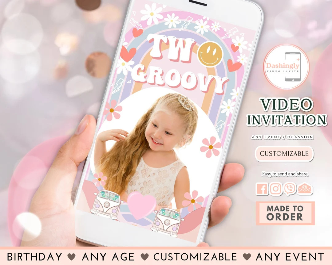 Two Groovy Video Invitation Groovy 2nd Birthday Invite 70s Peace Daisy Rainbow Van Hippie Video I... | Etsy (US)