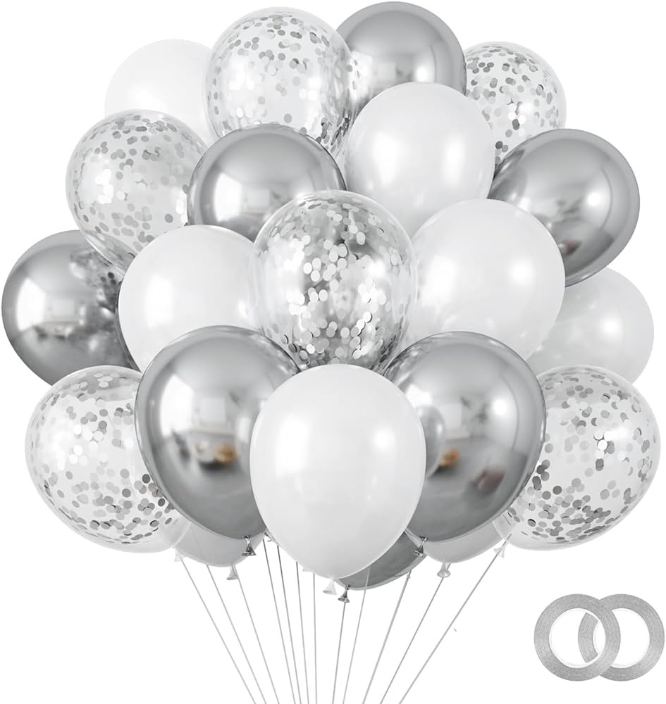 RUBFAC 65pcs 12 Inches White and Metallic Silver Confetti Balloons Kit, Metallic Silver Chrome Pa... | Amazon (US)