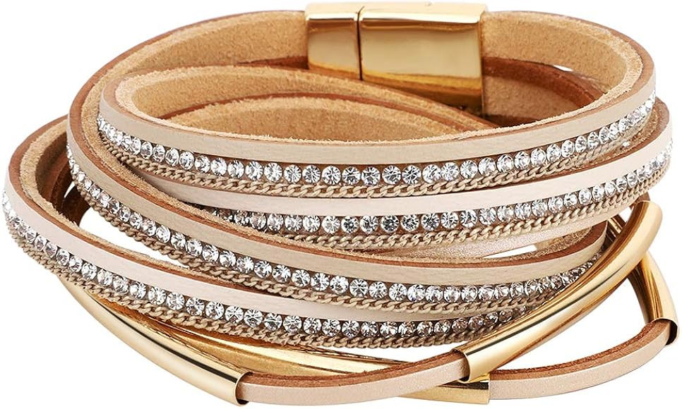 Layered Leather Bracelet, Rivet Leopard Print Bohemian Style Multilayer Wrap Bracelet, Handmade A... | Amazon (US)