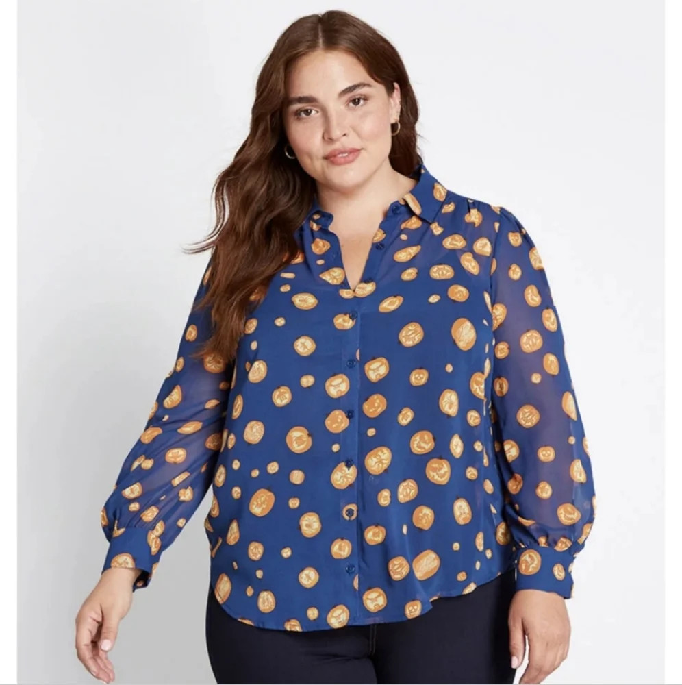 Modcloth Blue & Orange Novelty Halloween Pumpkin Print Button-up Lightweight Top | Poshmark