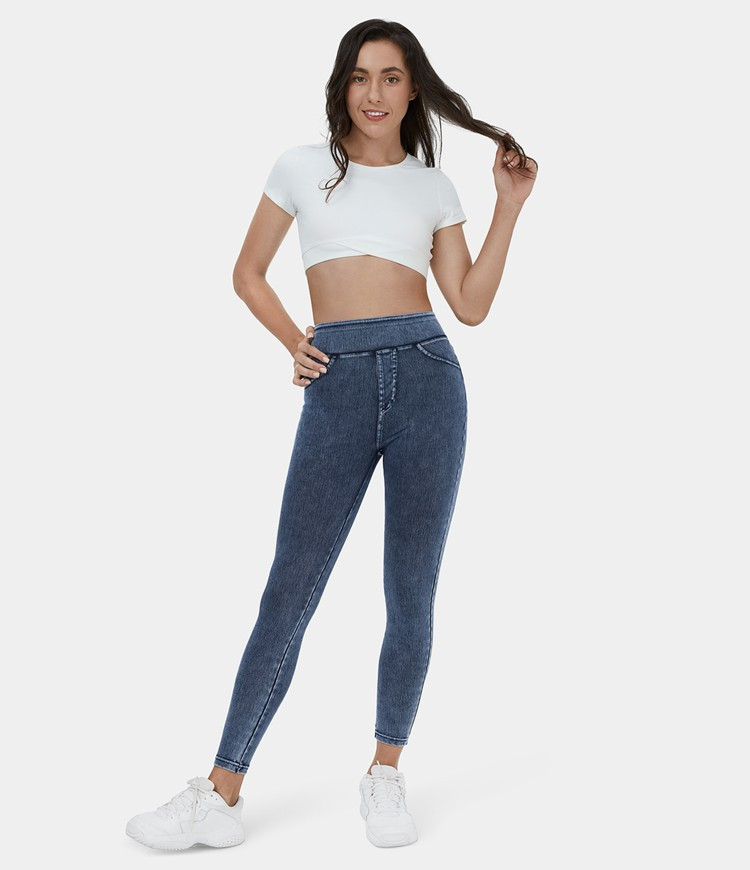 Women's High Waisted Back Side Pocket Stretchy Knit Denim Casual Leggings - HALARA | HALARA