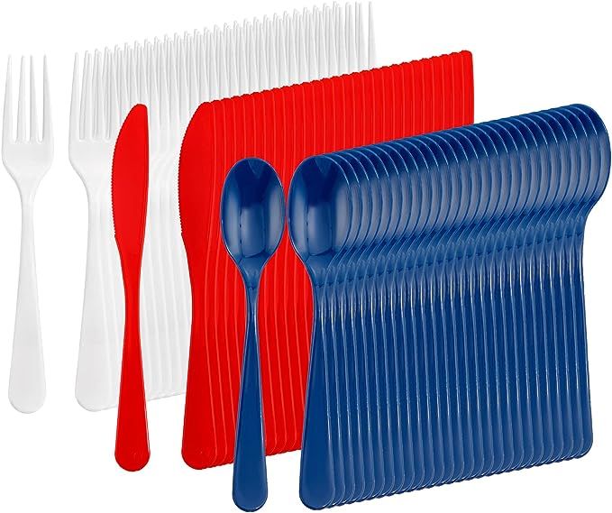 Supernal 180pcs Red White Blue Plastic Cutlery, American Flatware Party Supplies, Heavyweight Col... | Amazon (US)