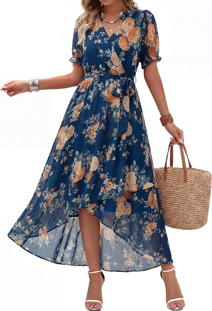Simplee Womens Summer Chiffon Floral Wedding Guest Dress Wrap Ruffle Boho Flowy Belted Puff Sleev... | Amazon (US)