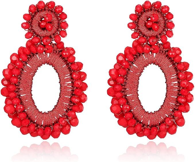 Boho Style Crystal Beaded Earrings Flower Hollow Statement Clip-on Drop Earring for Women | Amazon (US)