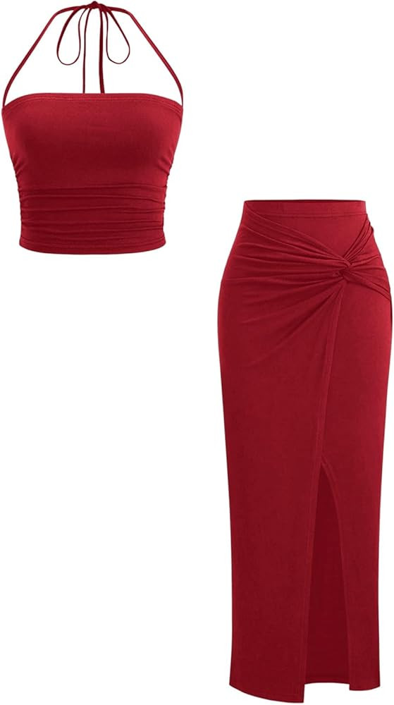 Verdusa Women's 2 Piece Vacation Outfits Ruched Crop Halter Top with Slit Bodycon Long Skirt Goin... | Amazon (US)