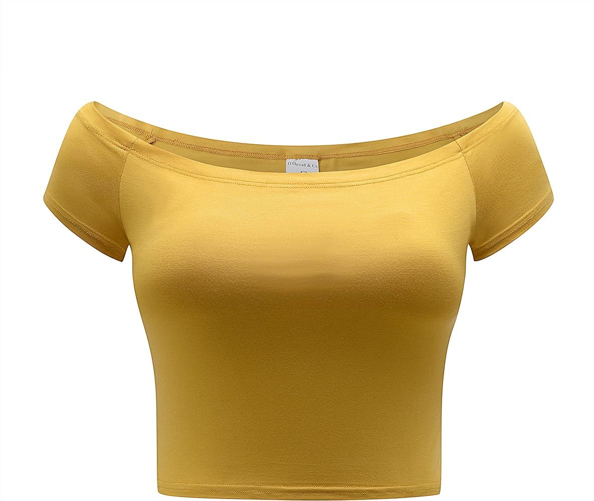OThread & Co. Women's Off Shoulder Short Sleeve Crop Top Comfy Basic Stretch Layer Shirt | Amazon (US)