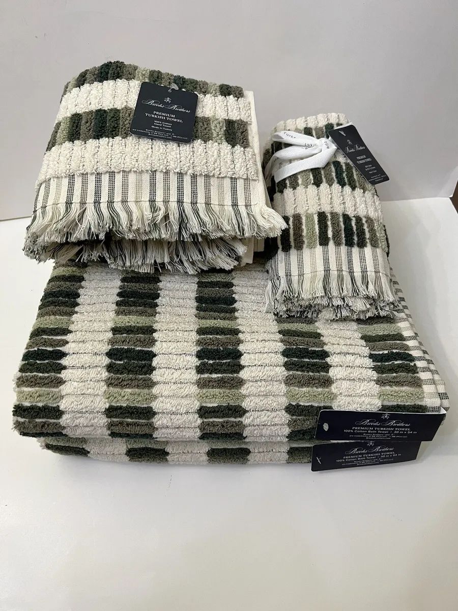 Brooks Brothers 2 Bath 2 Hand 2 Tip Towel Set Tiles Green Ecru 100%Cotton Turkey | eBay US