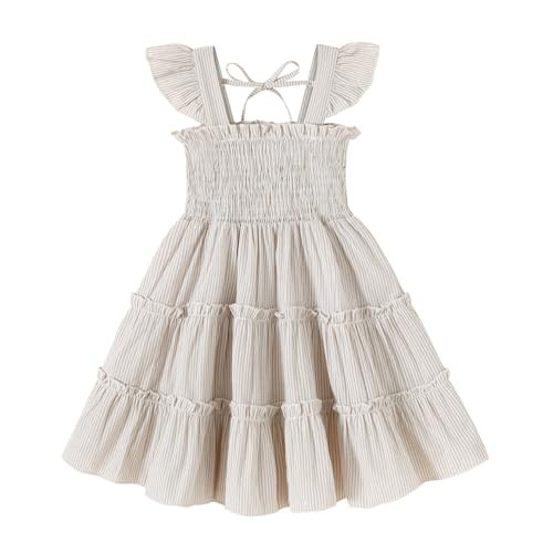 YOUNGER TREE Toddler Girl Dress Baby Girls Summer Clothes Ruffle Sleeve Floral Smock Beach Boho Dresses Sundress (Khaki Stripe, 6-7 Year) | Amazon (US)