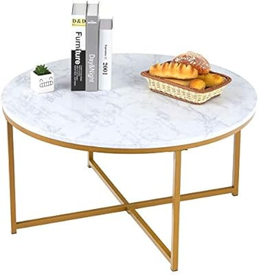 Mecor Modern Round Coffee Accent Table with Faux Marble Tabletop and X Base Gold Metal Frame, Sui... | Amazon (US)