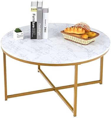 Mecor Modern Round Coffee Accent Table with Faux Marble Tabletop and X Base Gold Metal Frame, Sui... | Amazon (US)